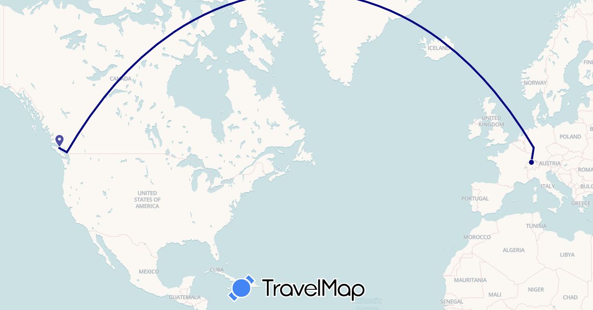 TravelMap itinerary: driving in Canada, Switzerland, Germany (Europe, North America)